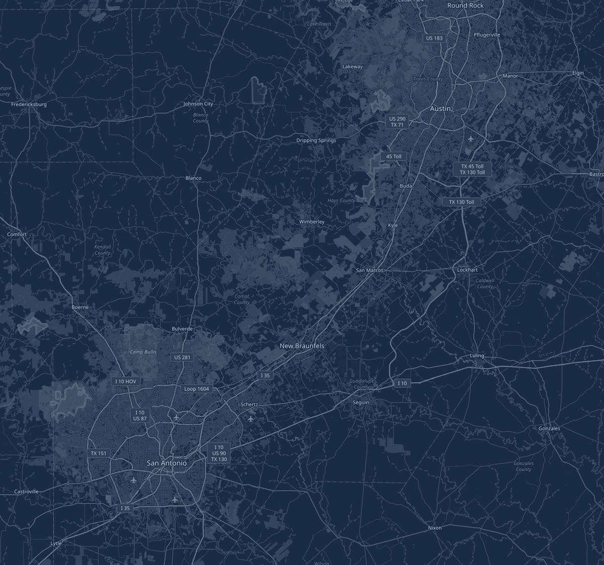 Map of Central Texas showing Austin, San Antonio and the I-35 corridor towns between them, including Buda, Kyle, San Marcos, New Braunfels and Schertz