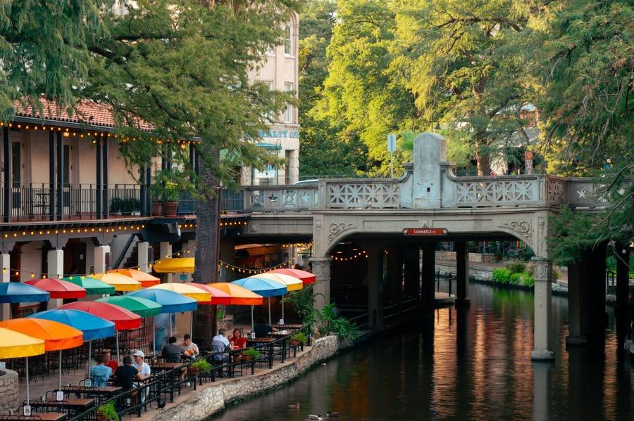 Colorful umbrellas along the San Antonio River Walk